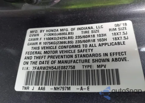 2018 Honda Cr-V Ex из США, поврежденный, VIN 7FARW2H54JE082758